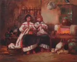 Zoltán Veress, În jurul vetrei, ulei pe pânză