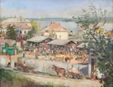 Paul Verona, Târg la Tulcea, 1957, ulei pe pânză
