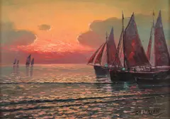 Apus pe mare by Dimitrie Florian, ulei pe carton, sold Sep 2021