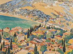 Constantin Mihalcea-Bragă, Peisaj din Ialta (Crimeea), 1942, acuarelă pe hârtie lipită pe carton