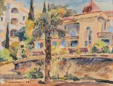 Constantin Mihalcea-Bragă, Stradă în Gurzut (Crimeea), 1942, acuarelă pe hârtie lipită pe carton