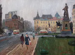 Nicolae Gârbaciu, Piața Nicolae Bălcescu, 1956, ulei pe carton
