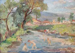 La scăldat by Jean Niţescu, ulei pe carton, sold Sep 2021