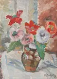 Vas cu maci by Ecaterina Cristescu Delighioz, 1976, ulei pe carton, sold Sep 2021