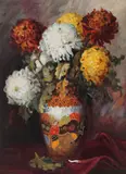 Vas cu crizanteme by Elena Müller-Stăncescu, ulei pe carton, sold Jul 2021