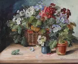 Ghivece cu primule by Elena Müller-Stăncescu, ulei pe carton, sold Jul 2021