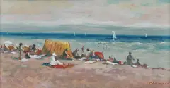 La plajă by Pan Ioanid, ulei pe carton, sold Jul 2021
