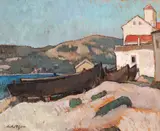 Mahoane la Balcic by Leon Biju, ulei pe carton, sold Jul 2021