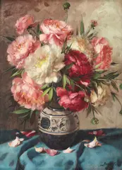 Vas cu bujori by Vilmos Murin, ulei pe pânză, sold Jul 2021