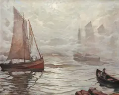 Plecarea la pescuit by Nicolae Tempeanu, ulei pe carton, sold Jul 2021