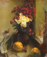 Leon Biju, Natură statică cu flori și gutui, 1957, ulei pe carton