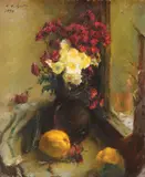 Natură statică cu flori și gutui by Leon Biju, 1957, ulei pe carton, sold Jul 2021