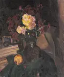 Natură statică cu crizanteme, pipă și gutuie by Leon Biju, ulei pe carton, sold Jul 2021