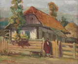 Alexandru Poitevin Scheletti, Țărăncuță în fața porții (Sâmbăta de Sus), 1925, ulei pe pânză