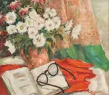 Constantin Georgescu, Natură statică cu ochelari și tufănele, 1956, ulei pe carton