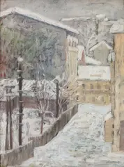 Iarnă în București by Constanţa Crişan, 1938, ulei pe carton, sold Jul 2021