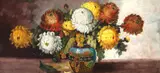 Vas japonizant cu crizanteme by Elena Müller-Stăncescu, ulei pe carton, sold Jul 2021