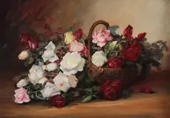 Elena Müller-Stăncescu, Coș cu trandafiri, ulei pe carton