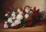 Coș cu trandafiri by Elena Müller-Stăncescu, ulei pe carton, sold Jul 2021