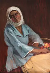 Florăreasă by Grigore Manea, ulei pe carton, sold Jul 2021