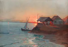 Apus pe mare by Dimitrie Florian, ulei pe carton, sold Jul 2021
