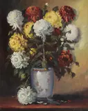 Vas cu crizanteme by Elena Müller-Stăncescu, ulei pe carton, sold Jul 2021
