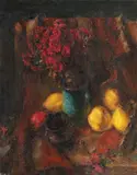 Natură statică cu flori și gutui by Leon Biju, ulei pe carton, sold Jul 2021