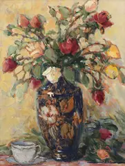 Natură statică cu vas cu trandafir și ceașcă de cafea by Ioan Isac, ulei pe carton, sold Jul 2021