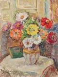 Crizanteme by Ecaterina Cristescu Delighioz, 1974, ulei pe carton, sold Jul 2021