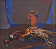 Natură statică cu vânat și ulcior by Liviu Suhar, 1982, ulei pe pânză, sold Jul 2021
