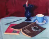 Cicerone Popescu, Natură statică cu ceșcuțe și volume de poezii, 1980, ulei pe carton