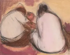 Maternitate by Corneliu Baba, 1958, guașă, ceracolor și accente de cărbune pe hârtie lipită pe carton, sold Jul 2021