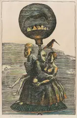 Călători by Ștefan Câlția, 1981, creioane colorate pe litografie, sold Jul 2021