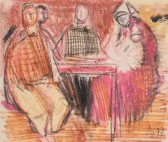 Familie by Corneliu Baba, 1977, creioane colorate și cărbune pe hârtie lipită pe carton, sold Jul 2021