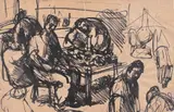 Corneliu Baba, Cârciumă, 1962, tuș și peniță pe hârtie lipită pe carton