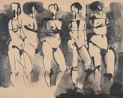 Geta Brătescu, Atelierul (Nuduri), 1969, tuș chinezesc și acuarelă pe hârtie