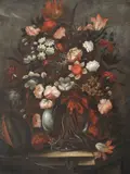 Vas cu lalele, garoafe și trandafiri by sec. Xix Școală Franceză, ulei pe pânză, sold May 2021