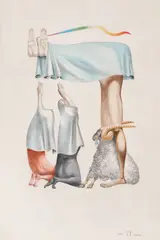 Hey by Jules Perahim, creioane colorate pe hârtie lipită pe carton, sold May 2021