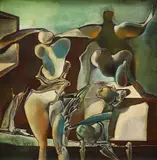 Siluete așteptând ieșirea lunii by Harry Guttman, 1973, ulei pe carton, sold May 2021