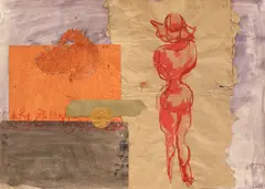Yvonne Hasan, Siluete la malul mării, 1974, colaj, acuarelă, staniol și creion pe carton