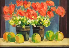 Mere și maci by Spiru Chintilă, ulei pe carton, sold May 2021