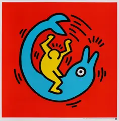 Untitled (Dolphin Button) by Keith Haring, 1989, serigrafie offset, sold May 2021