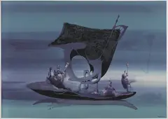 Exploratorii by Jules Perahim, 1972, guașă și tempera pe hârtie, sold Apr 2021