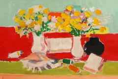 Flori galbene în vase albe și scoică by Vasile Grigore, 1994, ulei pe pânză, offered Apr 2021
