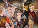Măști venețiene by Petre Velicu, acrilic pe pânză, sold Apr 2021