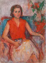Model pe fotoliu by Ion Musceleanu, ulei pe pânză, sold Apr 2021