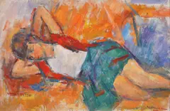 Model by Ion Musceleanu, 1983, ulei pe pânză lipită pe carton, sold Apr 2021