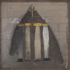 Paula Ribariu, Coloanele Bisericii Sf. Nicolae din Densuș, 1972, guașă, creion și foiță metalică pe hârtie