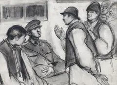 Studiu pentru Mitrea Cocor by Corneliu Baba, prima jumătate a anilor '50, cărbune pe hârtie lipită pe carton, sold Mar 2021