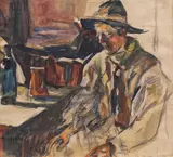 Țăran la cârciumă by Rudolf Schweitzer–Cumpăna, acuarelă și cărbune pe hârtie, sold Mar 2021